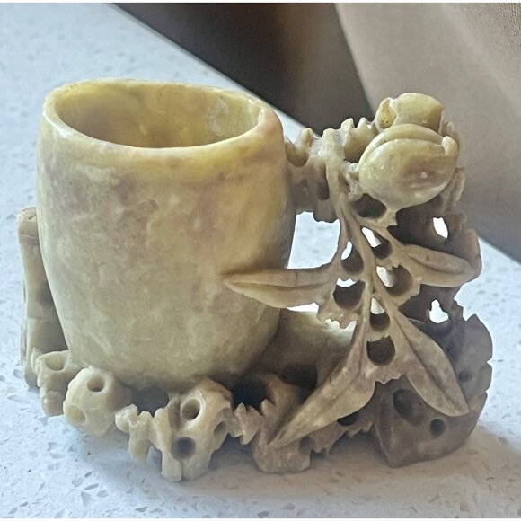 Antique Carved Soapstone Brush Pot Intricate Floral & Nature Design 2.25” T Gift - Picture 9 of 9
